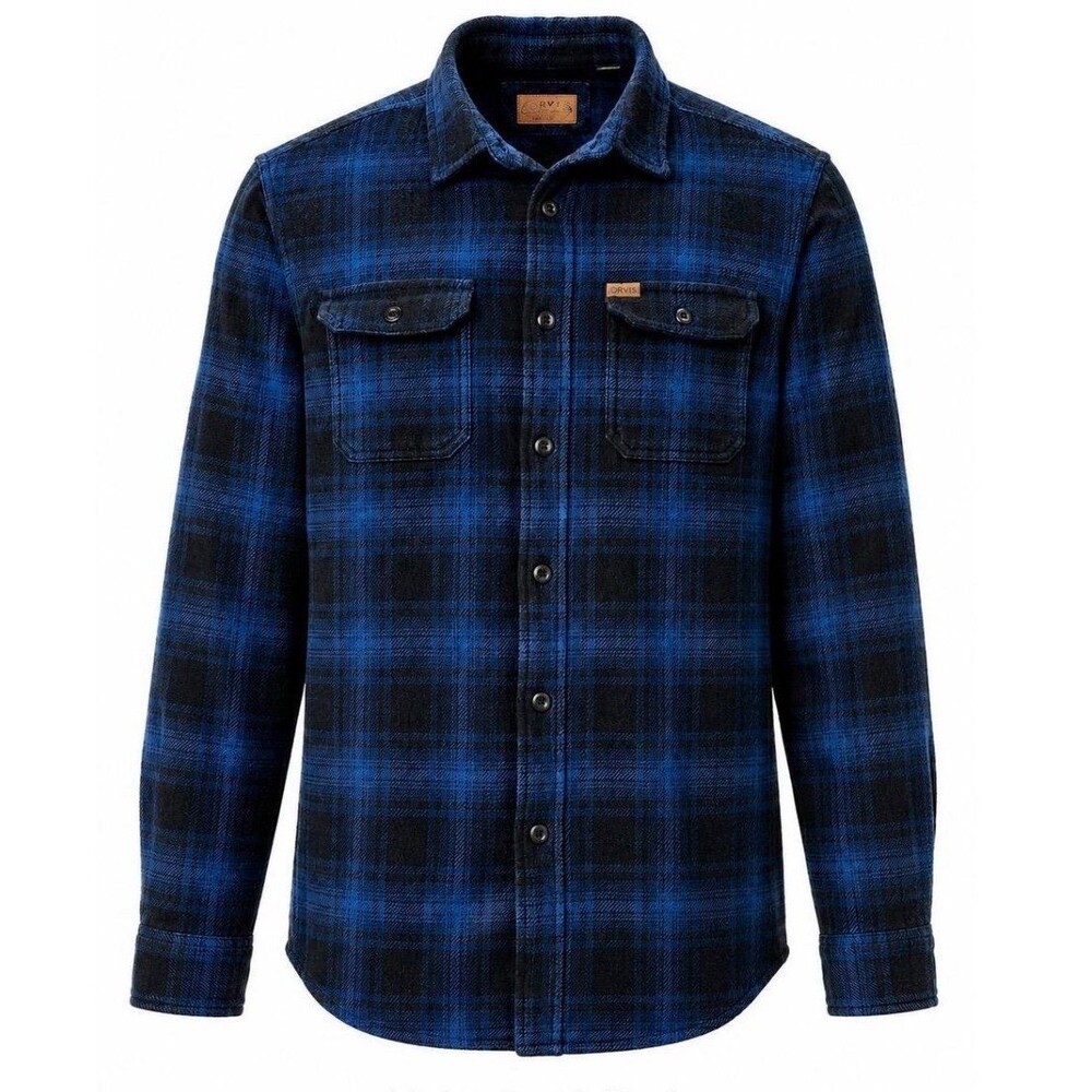 Orvis Cotton Men's SzLarge Blue Plaid Heavyweight Flannel Shirt Jacket Shacket